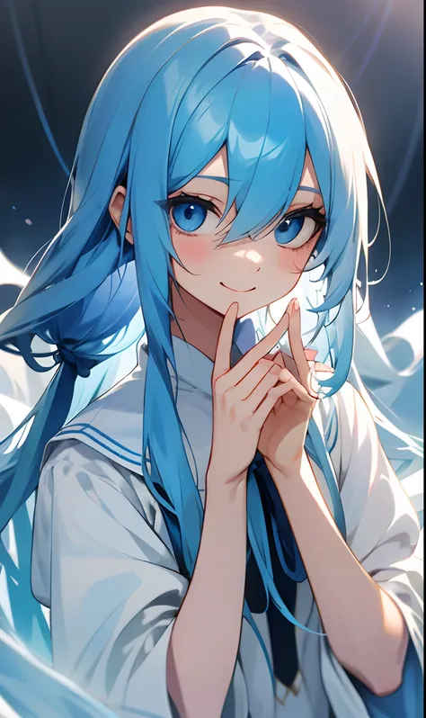 femele, kind, funny, beautiful, looking after, long blue hair, shy, dressed in white, blue eyeball、ephemeral atmosphere、a smile、