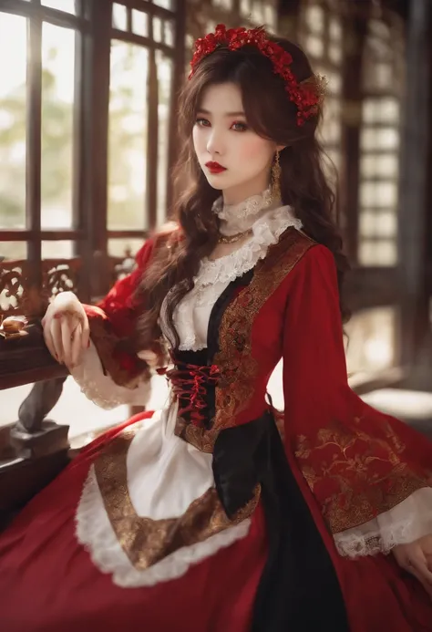 1gril, her skin white, her hair red and loose, her golden eyes golden. She wears a dress that has combined crimson and black patterns, which gives her a gothic lolita appearance. TNK Study
Set the background in the style of a Japanese school.