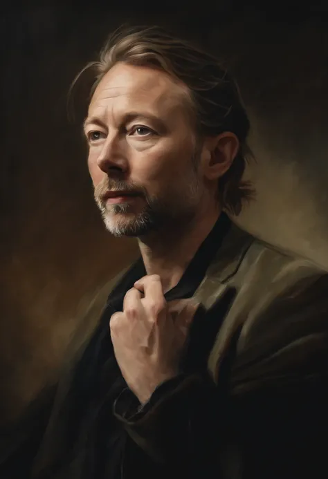 thom yorke,oil painting,low saturation,best quality,ultra-detailed,realistic,portrait,subtle colors,soft lighting,singer,artist,expressive eyes,freckles,aged appearance,tangled hair,creative expression,emotional depth,extraordinary talent,unique personalit...