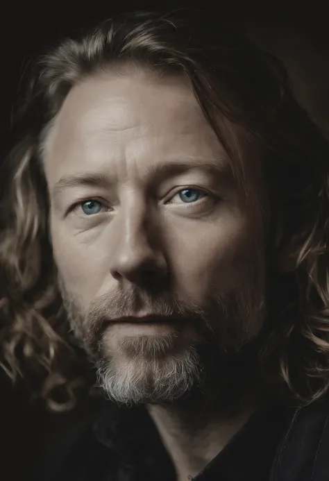 thom yorke,oil painting,low saturation,best quality,ultra-detailed,realistic,portrait,subtle colors,soft lighting,singer,artist,expressive eyes,freckles,aged appearance,tangled hair,creative expression,emotional depth,extraordinary talent,unique personalit...