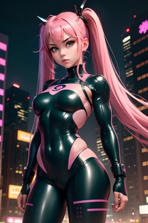 (best quality, masterpiece), 1girl, pink hair, pink iris, twin tail hairstyle, toned muscles, flat chest, confident facial expression, ninja, cyber warrior, full body latex suit, dark green clothing, night time city background