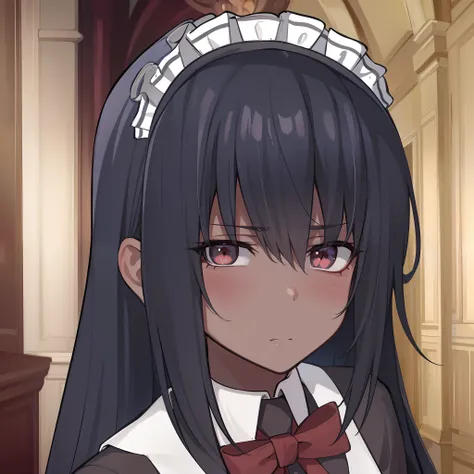 hiquality, tmasterpiece (One maid girl) Stern face.  Narrow mouth. A look of contempt. furrowed brow. dark colored hair. brown eye. suntanned skin. lowered eyes.