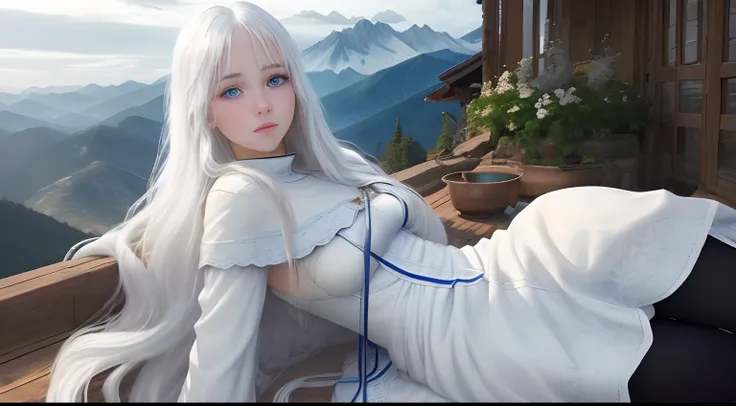 In the background are mountains, a beautiful girl name is Lisa, 18-year-old girl with blue eyes, long white hair, wearing a white tunic is sit up