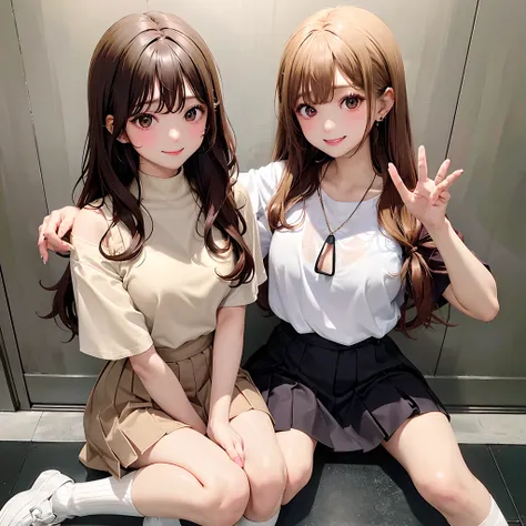 Best Quality、soio、Brown-skinned gal、hi-school girl、Roll up the sleeves of your white shirt to your elbows、Wearing a beige brother、Chest visible、Wavy long hair、a blond、爆乳、Nail、piercings、Gal Style Makeup、playful grin、a miniskirt、Loose socks、Brown leather sho...