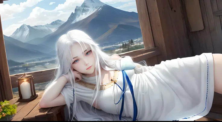 In the background are mountains, a beautiful girl name is Lisa, 18-year-old girl with blue eyes, long white hair, wearing a white tunic is sit up