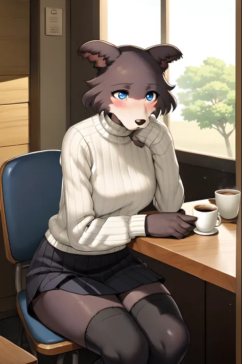 Juno, furry wolf girl, blue eyes, wearing white turtle neck sweater, short black skirt, black thigh high leggings, brown shoes, blushing, looking content, by gudlmok99, by sleepiness18, good anatomy, high quality, in a coffee shop, sitting at a table