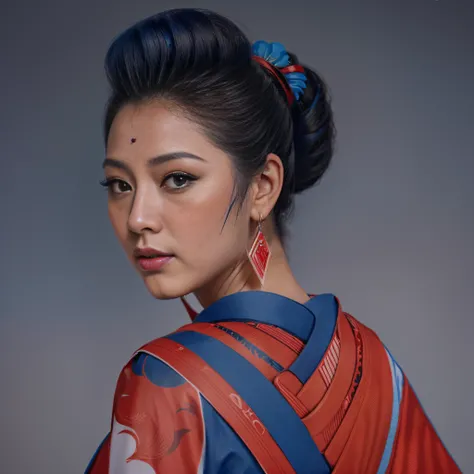 mulher com um cabelo vermelho e azul e uma flor vermelha em seu cabelo, Retrato da gueixa, Retrato de uma gueixa bonita, Retrato de uma gueixa, Retrato de uma menina japonesa, Retrato de Mulan, Gueixa da beleza, female geisha girl, in illustration style di...