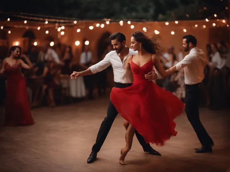 Photorealsitic、Photo of beautiful woman in her 20s、Man and woman dancing salsa、RED dress、top-quality