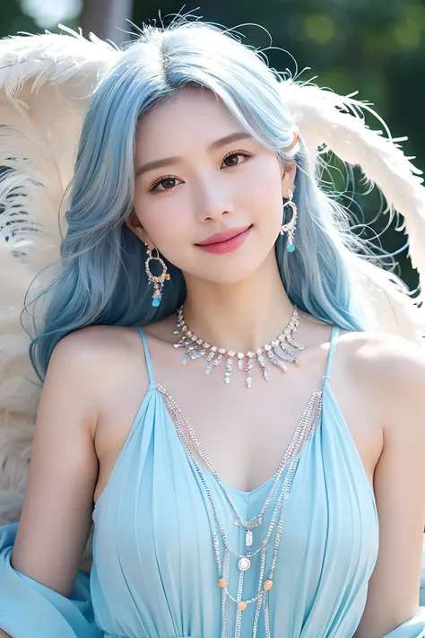 (extra detailed body、extra detailed face、best qualtiy:1.2)、femele、looking at the viewers、（White and light blue gradient hair color、a smile、Earrings of large bird feathers that go up to the shoulders、a necklace、hippy)、(Skysky)