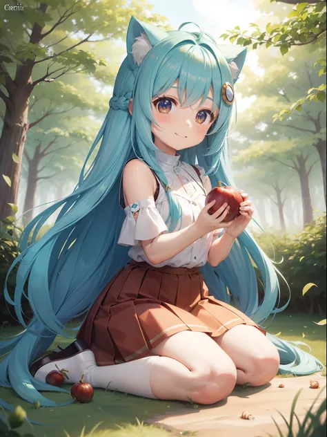 Chibichara　Picking chestnuts in a chestnut grove　long hair with blue hair((Chibi Chara))、A charming smile、Fluffy、girl with、Chibi Chara、Friends of the Forest、full body Esbian、Pastel colors hair、masutepiece、top-quality、