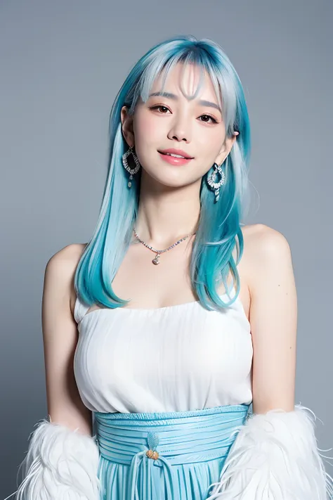 (extra detailed body、extra detailed face、best qualtiy:1.2)、femele、looking at the viewers、（White and light blue gradient hair color、a smile、Earrings of large bird feathers that go up to the shoulders、a necklace、hippy)、(Skysky)