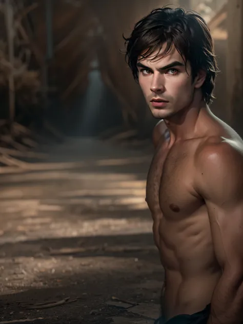 (8K, Best Quality, Masterpiece:1.2), (Photorealistic:1.4), RAW photo, Best Quality, extra high resolution, better shadow,(brown eye:1.4), (full - body:1.2), (Damon Salvatore), Ian Somerhalder, Cyan eyes ,  naked torso, Large-scale stunning surroundings, Ho...