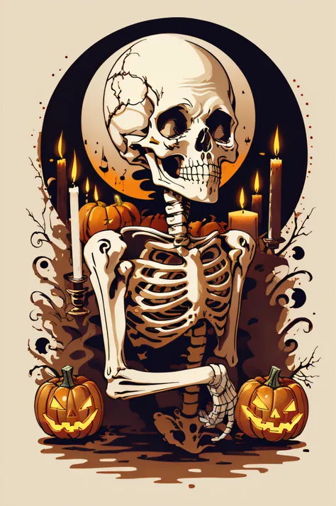 Halloween skeleton vintage illustration style, warm mood, candle atmosphere. Graphic for t-shirt design, vector, outline, white background, watercolor.