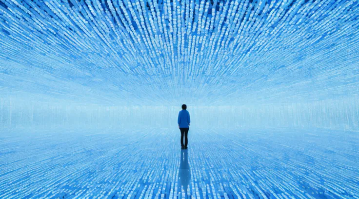 there is a man standing in a room with a blue sky, a crystalline room, teamlab, inspired by ryoji ikeda, infinity mirror, intera...