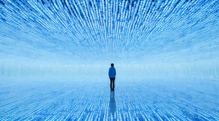 there is a man standing in a room with a blue sky, a crystalline room, teamlab, inspired by ryoji ikeda, infinity mirror, intera...