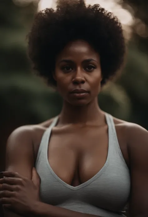 Portrait of a slim big breasted black woman with sweaty skin, curly afro