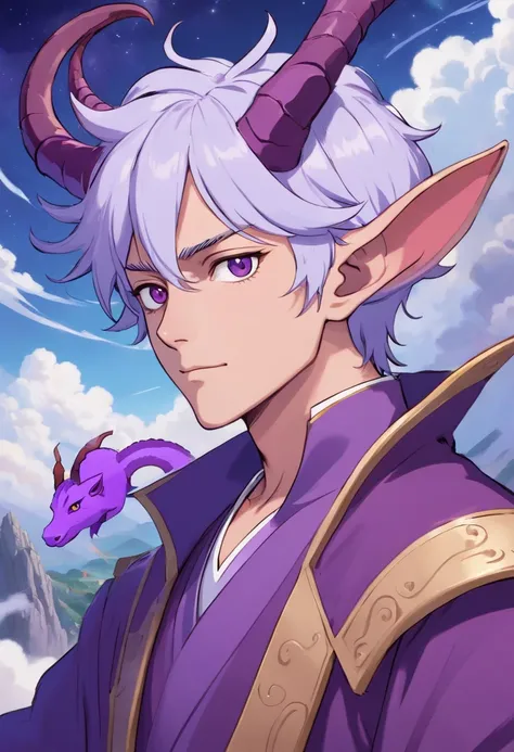 there is a drawing of a male tiefling with a white hair, dnd portrait of a tiefling, purple tiefling, purple skin, as a dnd character, cosmic tiefling d&d, caleb from critical role, d&d character commission, handsome tiefling, portrait of a dnd character, ...