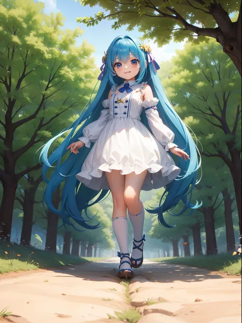 Little Girl Character　Picking chestnuts in a chestnut grove　long hair with blue hair((Chibi Chara))、A charming smile、Fluffy、girl with、Chibi Chara、Friends of the Forest、full body Esbian、Pastel colors hair、masutepiece、top-quality、