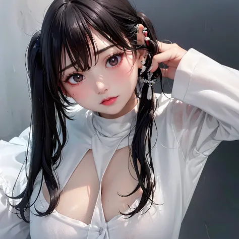 Best Quality、large full breasts、Wheat-colored skin girl、gals、Gal Style Makeup、White with empty chestＹThe shirt、Wet black hair、poneyTail、Kiss Face、Bust-up angle of view、Pulp lips、Sexy look、piercing of a small ring on the right side of the lower lip,、Mine ma...