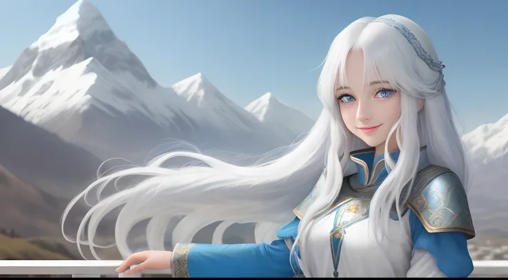 In the background are mountains, a beautiful girl name is Lisa, 18-year-old girl with blue eyes, long white hair, Put on a blue tunic and smile