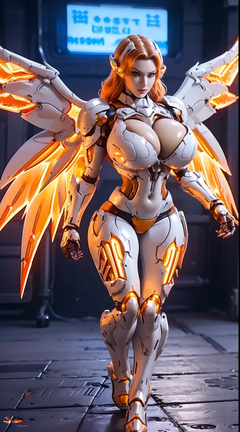 (DRAGON HEAD), HUGE FAKE BOOBS, (BEAUTIFUL FACE, (ORANGE:1.2, WHITE:0.8, RGB:1), (CROP TOP MECHA ARMORED GEAR), (((A PAIR OF HUGE MECHANICAL WINGS SPREAD OUT))), FUTURISTIC DRAGON MECHA SUIT, (CLEAVAGE), (SKINTIGHT YOGA PANTS), (PERFECT BODY:1.2), (FULL BO...