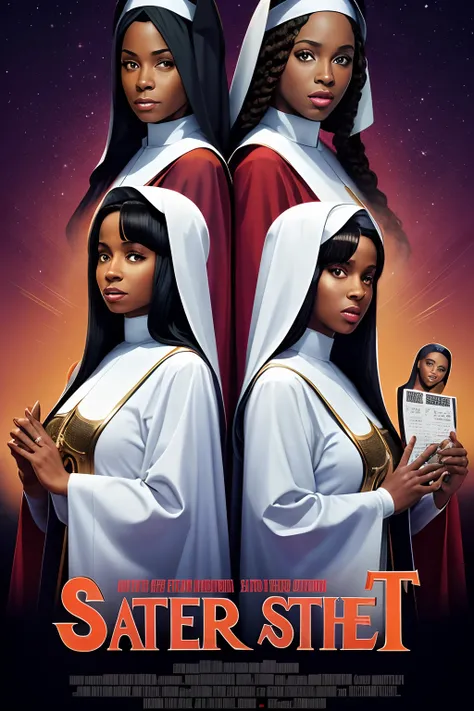 a poster for a Connecticut based theater company producing their rendition of Sister Act as a musical comedy. Combine elements of Sister Act & Sister Act 2 into the design.