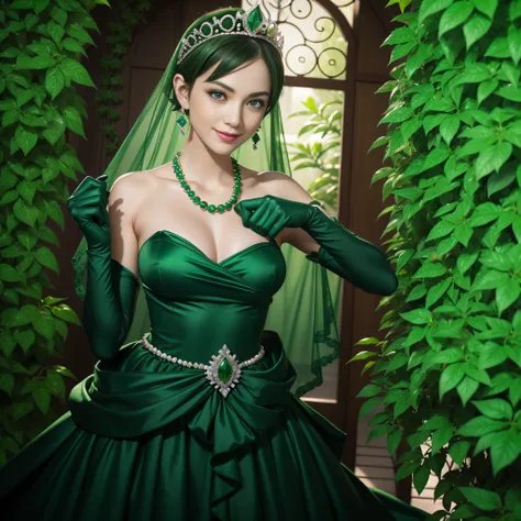 emerald tiara, Green Pearl Necklace, Boyish very short green hair, lipsticks, Japan woman smiling, very short short hair, fist, big breasts beautiful, Green eyes, Long green gloves made of satin material, Green eyes, Emerald Earrings, holding swords