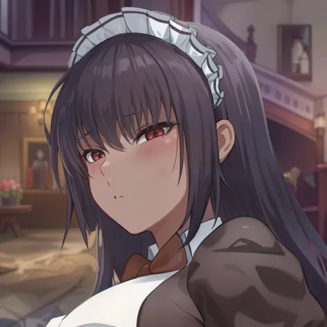 hiquality, tmasterpiece (One maid girl) Face of Disgust.  Narrow mouth with teeth. A look of contempt. dark colored hair. brown eye. suntanned skin. lowered eyes.