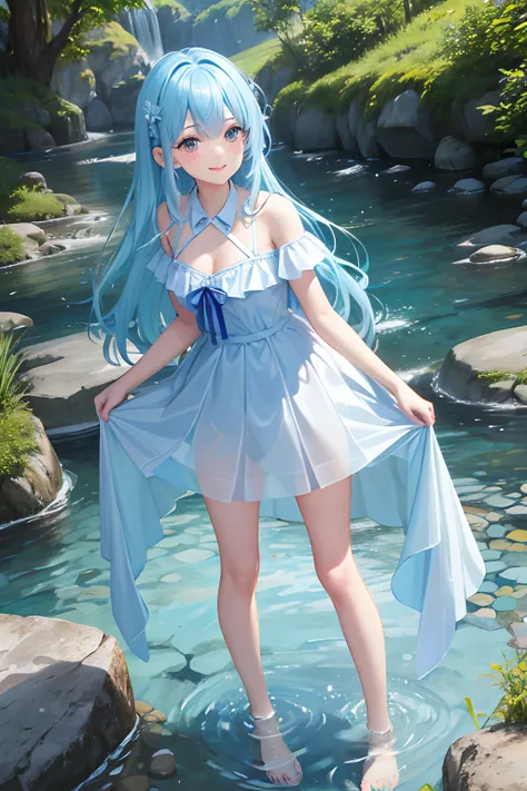 In the creek, bank, blue-sky, baiyun, one girls, Charming smile standing, bent over, Wear a white tulle skirt, Bare legged, soak legs in water, (long legged:1.4), fluffy hair, Blue color hair, Long hair, aqua eyes, reflective light, Motion Blur, depth of f...