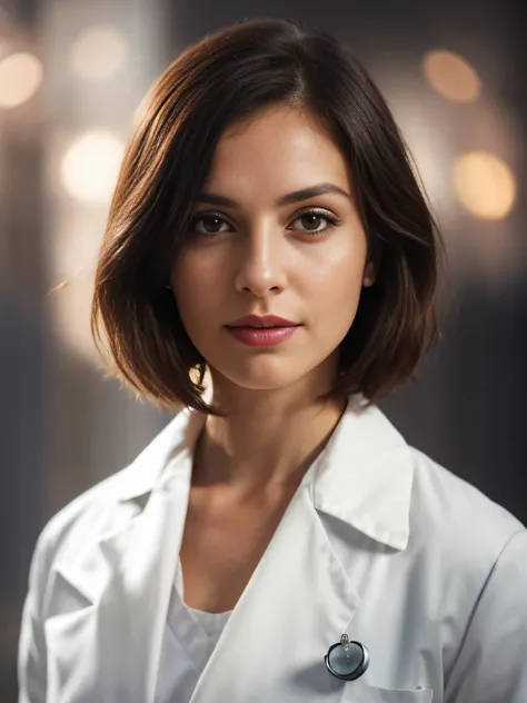 A beautiful 30-year-old girl wearing a white doctors coat, with brown bob hair and a beautiful face stands in front of a blurred background. The high-resolution image captures every detail of your costume, and cinematic lighting adds depth and drama to the...