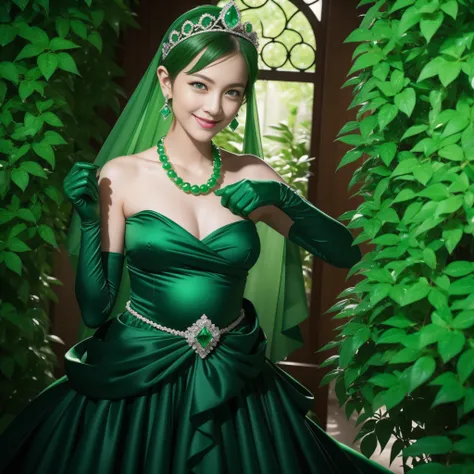 emerald tiara, Green Pearl Necklace, Boyish very short green hair, lipsticks, Japan woman smiling, very short short hair, big breasts beautiful, Green eyes, Long green gloves made of satin material, Green eyes, Emerald Earrings, Pregnant Woman, The tattoo