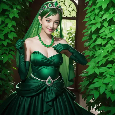 emerald tiara, Green Pearl Necklace, Boyish very short green hair, lipsticks, Japan woman smiling, very short short hair, big breasts beautiful, Green eyes, Long green gloves made of satin material, Green eyes, Emerald Earrings, Pregnant Woman, The tattoo