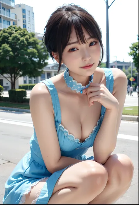 a woman posing on the street corner with light blue dress on、top-quality、女の子 1 a person、large full breasts、tag、with light glowing、Blur background、bokeh dof、outside of house、(street:0.8)、(a person々、crowd:1)、(lace-trimmed)doress:1.5、sleeveless dress、Water-co...