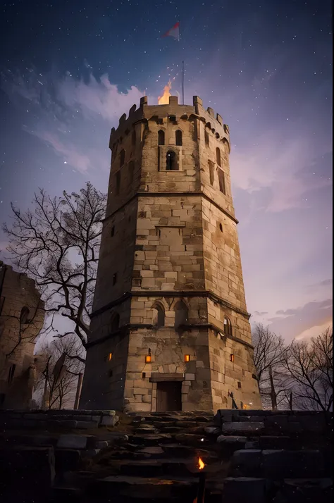 a very detailed photography of a medieval tower with fires and soldiers around, starry night, torches, iperrealistic