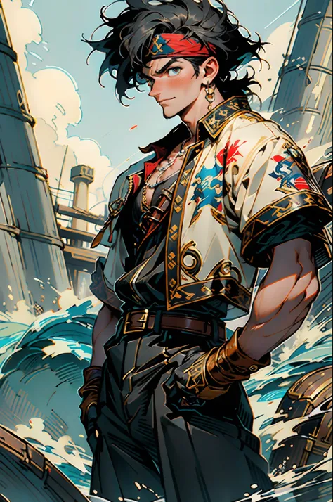 A man with short gray hair, Wearing a brown headband, deep-set eyes, a determined expression, a smiling face, he is dressed in a two-piece fantasy pirate-style leather outfit, flowing lower hem, short sleeves, gloves, a belt around his waist, coarse fabric...