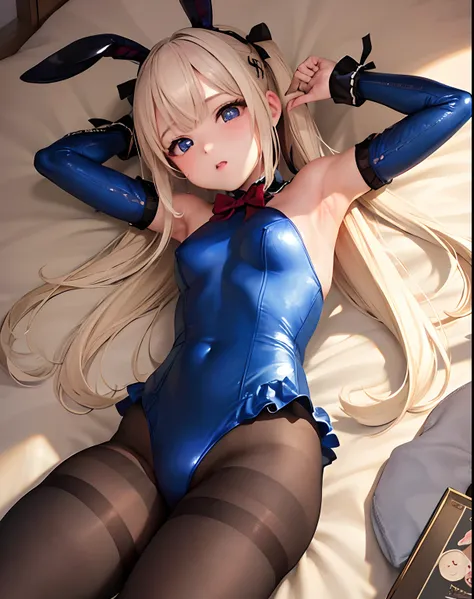 ​masterpiece、hiquality、1girl in、独奏、Marie Rose、cowboy  shot、embarassed expression、Bedroom、((bunnygirl))、((Leotard))、((pantyhose))、sleep on ones back、(White cuffs)、