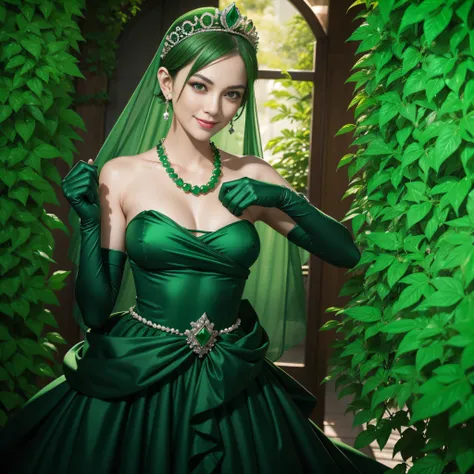 emerald tiara, Green Pearl Necklace, Boyish very short green hair, lipsticks, Japan woman smiling, very short short hair, fist, big breasts beautiful, Green eyes, Long green gloves made of satin material, Green eyes, Emerald Earrings, holding swords