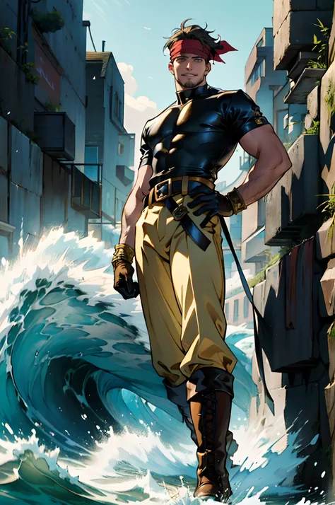 A man with short gray hair, Wearing a brown headband, deep-set eyes, a determined expression, a smiling face, he is dressed in a two-piece fantasy pirate-style leather outfit, flowing lower hem, short sleeves, gloves, a belt around his waist, coarse fabric...