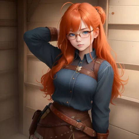 8k, masterpiece, best quality, realistic, higly detailed, cowboy shot, 1girl, solo, itsuki, serious looking girl, medium-length hair, expressive ahoge, reddish-orange hair, a pair of star-shaped hairpins near both of her eyes, dark blue eyes, average heigh...