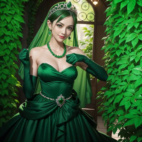 emerald tiara, Green Pearl Necklace, Boyish very short green hair, lipsticks, Japan woman smiling, very short short hair, fist, big breasts beautiful, Green eyes, Long green gloves made of satin material, Green eyes, Emerald Earrings, holding swords