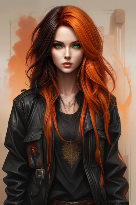 there is a woman with orange hair and a black jacket, green eyes, stunning digital illustration, realistic artstyle, stylized ur...