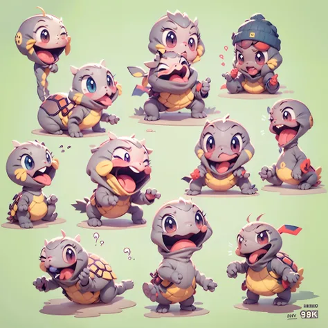 Pokemon，Emoticon pack，（9 emojis，emoji sheet of，Align arrangement），9 poses and expressions（grieves，irate，having fun，Dumb cute，adolable，doubt，Sleepy，Hungry，CRIT），anthropomorphic turtle，Disney  style，a color，Different expressions，8K