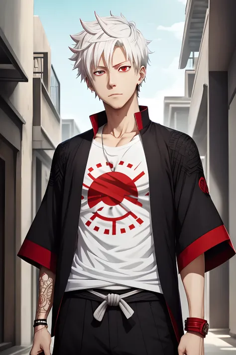 1 boy, short white hair, light red eyes, Jujutsu Kaisen stiled clothes, looks inspired in Portgas D. Ace