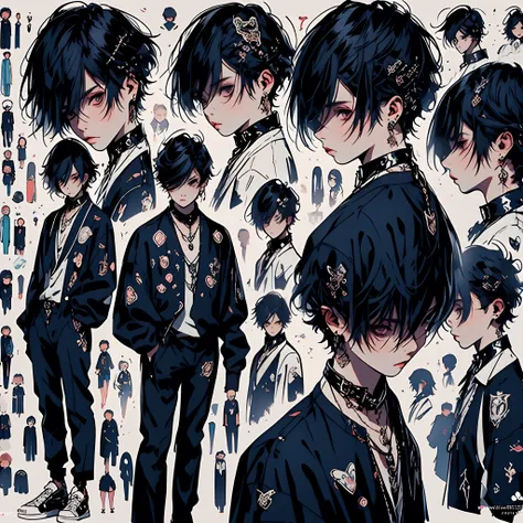 (masterpiece, best quality), 1boy, beautiful face, collared shirt, white shirt, necktie, character design, no watermark, --niji 5, emo style clothing, y2k, character sheet, fine detailed eyes, character sheet, full body character sheet, spreadsheet