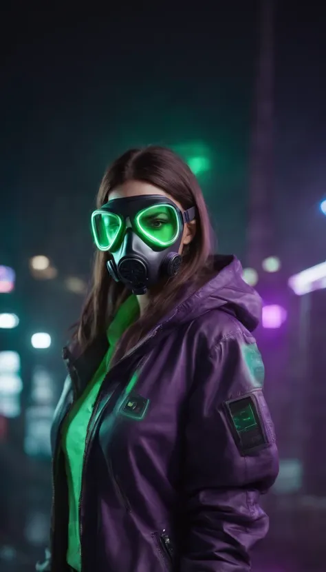 3d illustration of a front view of a cyberpunk girl in futuristic gas mask with protective green glasses and filters in stylish jacket with purple el wire standing in a night scene with air pollution