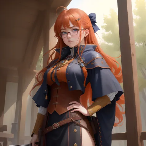 8k, masterpiece, best quality, realistic, higly detailed, cowboy shot, 1girl, solo, itsuki, serious looking girl, medium-length hair, expressive ahoge, reddish-orange hair, a pair of star-shaped hairpins near both of her eyes, dark blue eyes, average heigh...