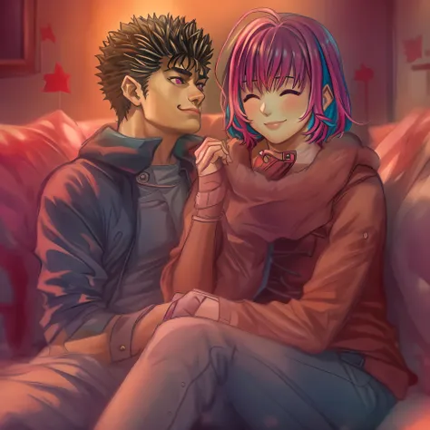 riamu,guts,couple,husband and wife,love dovey couple,sitting,hug,kiss,smile,masterpiece:1.2,ultra-detailed,realistic:1.37,portraits,vivid colors,warm tones,soft lighting