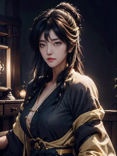 blindfolded, an chinese handsome girl, black and yellow cloth, flowing hanfu, black, game model, stunning lighting, c4d, oc rend...