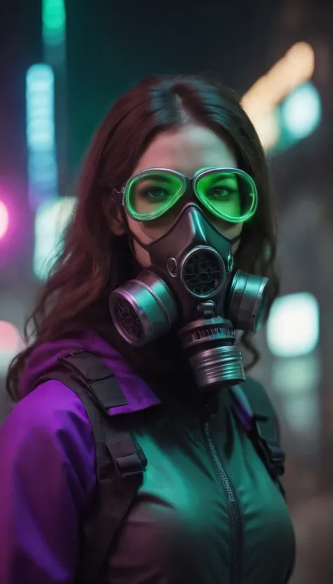 3D illustration of a frontal view of a cyberpunk girl in futuristic gas mask with protective green glasses and filters in sleek purple EL wire jacket standing in a night scene with air pollution