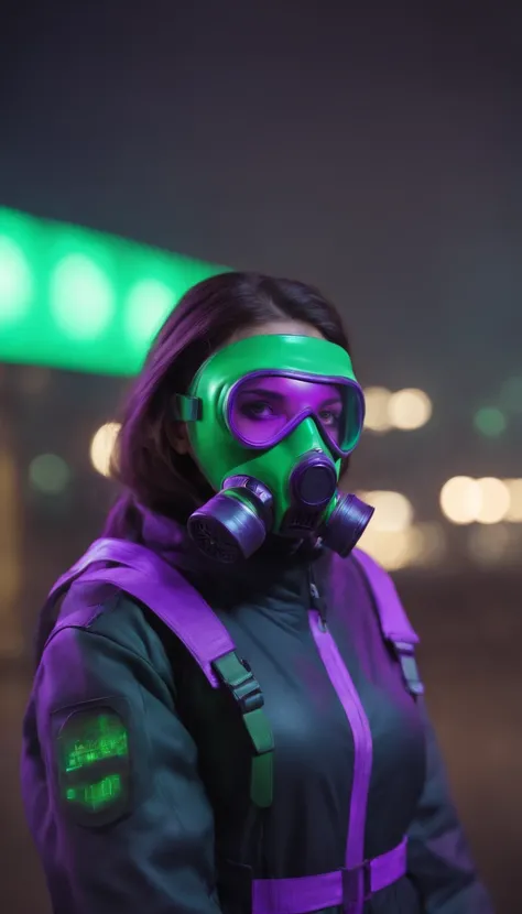 3D illustration of a frontal view of a cyberpunk girl in futuristic gas mask with protective green glasses and filters in sleek purple EL wire jacket standing in a night scene with air pollution